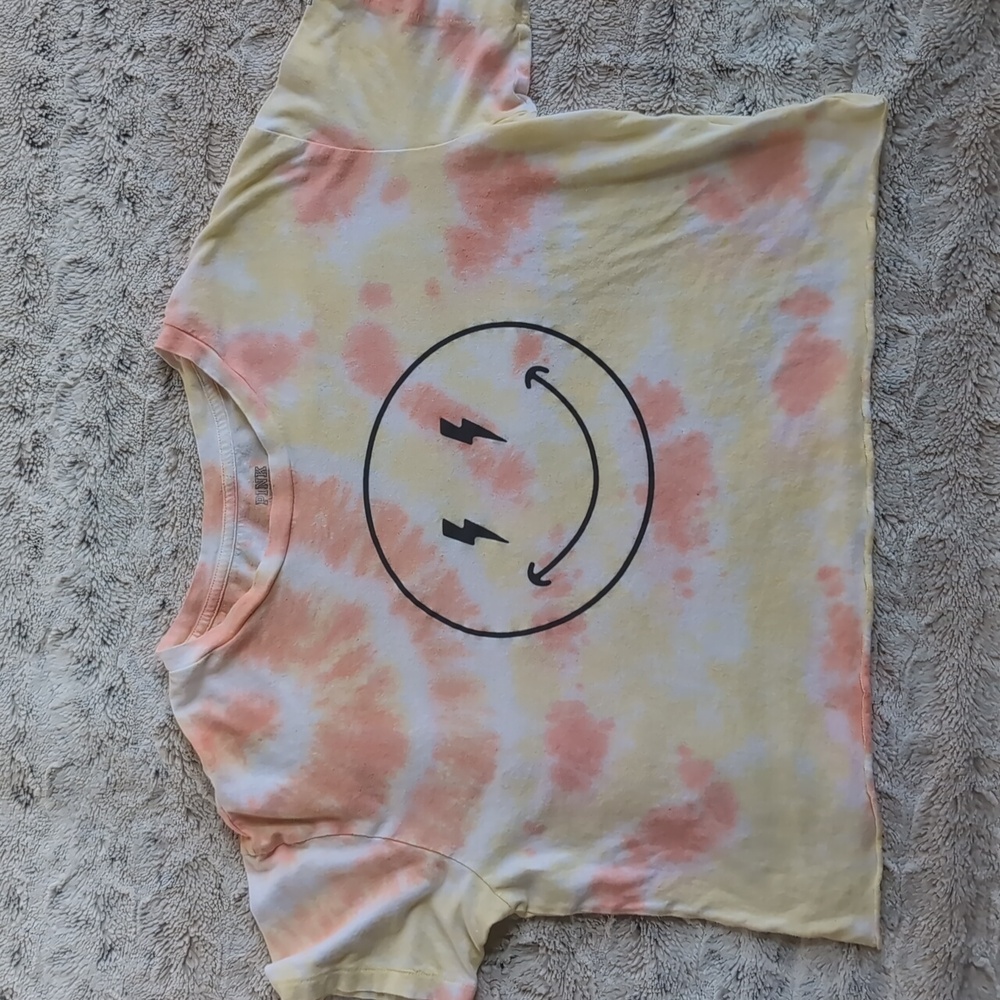 PINK Victoria's Secret Smiley Face Cropped Tie Dye Tee